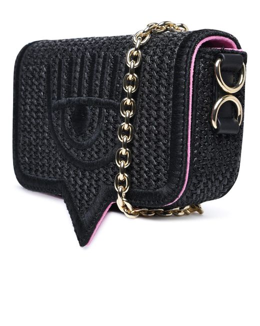 Chiara Ferragni Black Eyelike Raffia Embroidered Shoulder Bag