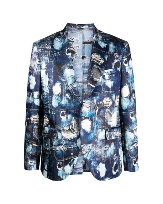 John Richmond Blue Classic Cut Jacket With Peak Revers And Iconic Runway Pattern for men