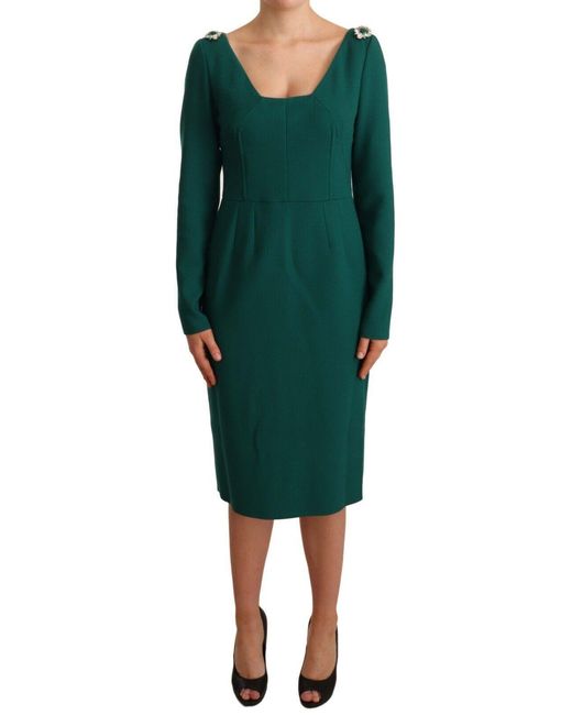 Dolce & Gabbana Green Dolce Gabbana Stretch Crepe Crystal Midi Dress