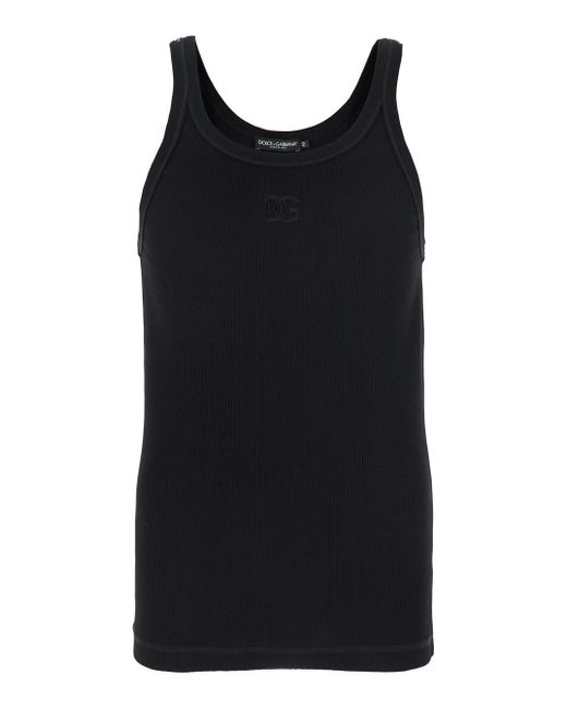 Dolce & Gabbana Black Sleeveless Top With Logo Embroidery On The Front And Ribbed Knit for men