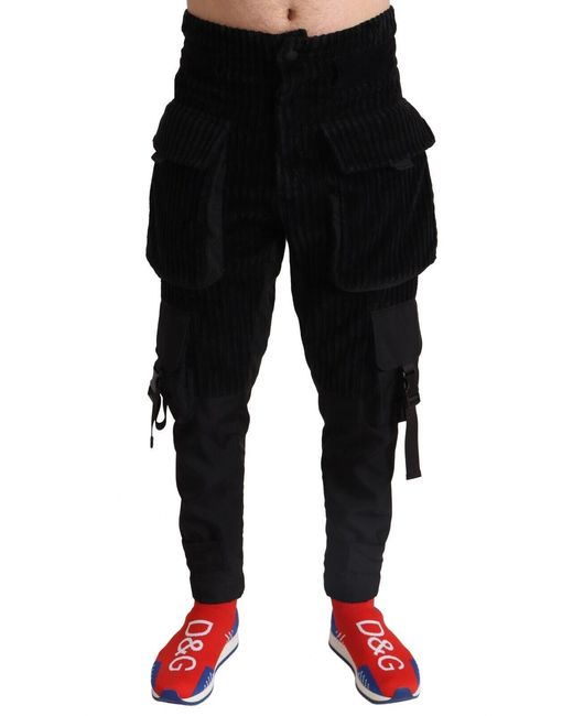 Dolce & Gabbana Black Cotton Skinny Corduroy Cargo Pants for men