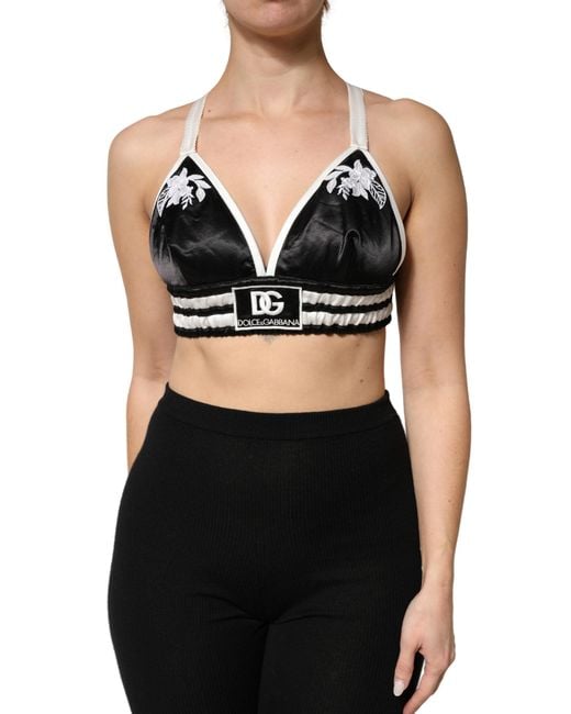 Dolce & Gabbana Black Floral Silk Satin Crop Logo Bralette Top Polyester Spandex