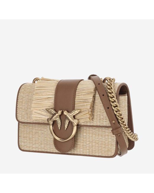 Pinko Natural Mini Love Light Bag Made Of Raffia And Leather With Bangs