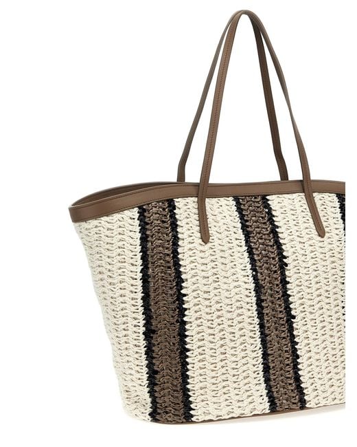 Brunello Cucinelli White Jute Striped Shopping Bag