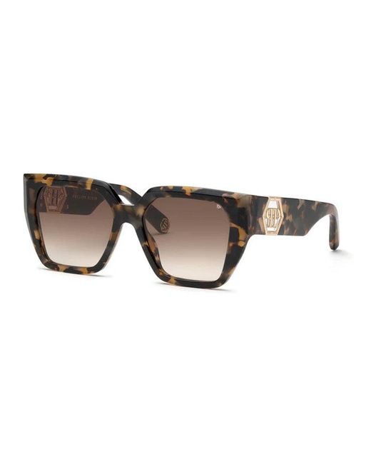 Philipp Plein Brown Sunglasses Square Full Rim, Dark Havana Frame And Light Lens Spp16004Bl