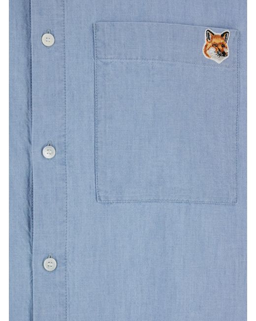Maison Kitsuné Blue Shirt With Classic Collar And Logo Patch On The Front for men