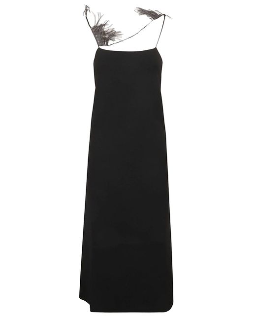Jil Sander Black Feather-trim Square Neck Slip Dress
