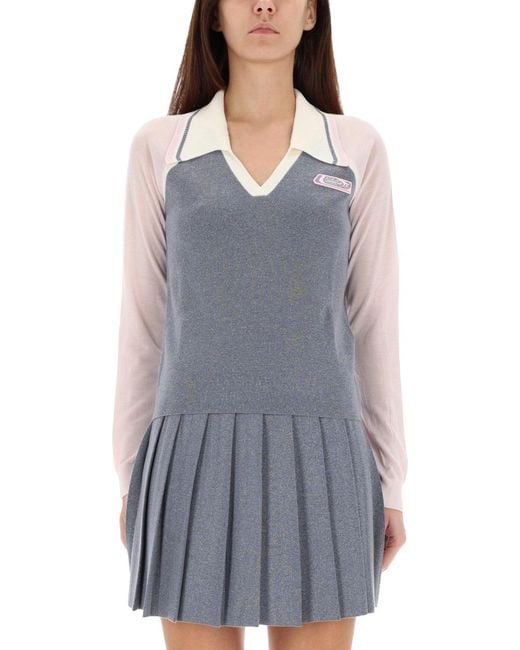 Casablanca Blue Long Sleeve Tennis Polo Shirt Merino Wool