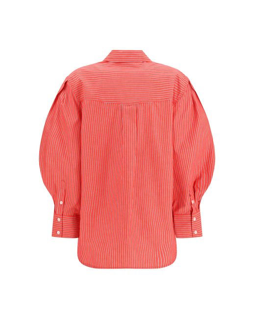 Ganni Pink Striped Cotton Shirt With Balloon Sleeves