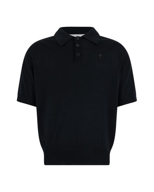 AMI Black Short-Sleeve Wool Sweater Polo Shirts for men