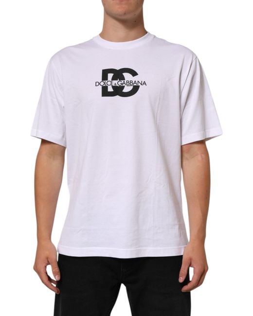 Dolce & Gabbana White Logo Print Cotton Crew Neck T-Shirt for men