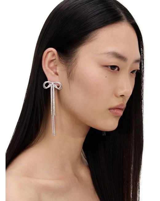 Self-Portrait White Drop Earrings With Bow And Crystal Detail, Metal