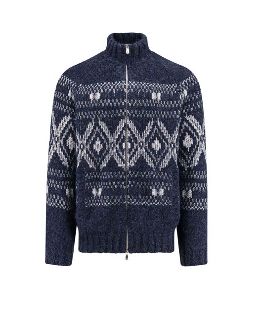 Brunello Cucinelli Blue Alpaca Blend Cardigan With Embroideries for men