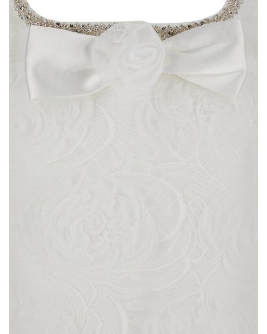 Self-Portrait White Mini Dress With Square Neck And Bow Detail On The Front