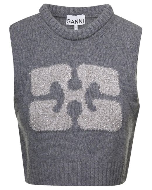 Ganni Gray Grey Cropped Vest With Graphic Print In Wool Blend