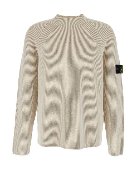 Stone Island White Sweater With Ribbed Design And Logo Patch On Sleeve for men