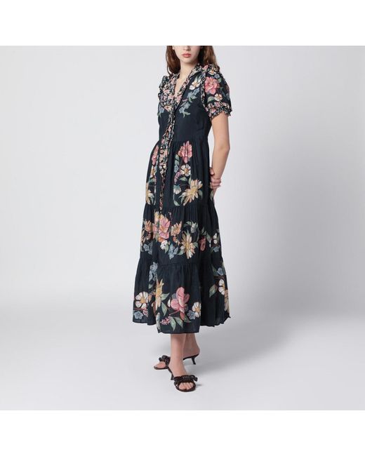 Farm Rio Blue Dark Midi Dress With Floral Pattern