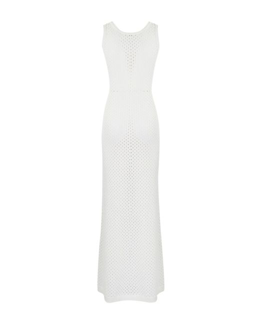 Elisabetta Franchi White Net Stitch Cotton Dress With Rhinestones
