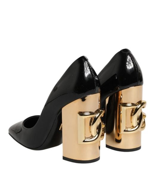 Dolce & Gabbana Black Patent Leather Logo Heels Pumps Shoes 100Lf