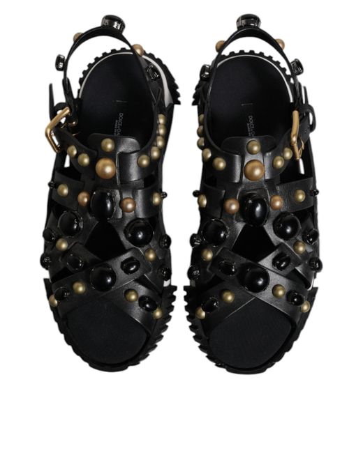 Dolce & Gabbana Black Leather Studded Slides Sandals Shoes Calfskin for men