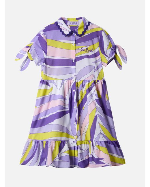 Mc2 Saint Barth Blue Cotton Dress Queenie With Palm Print