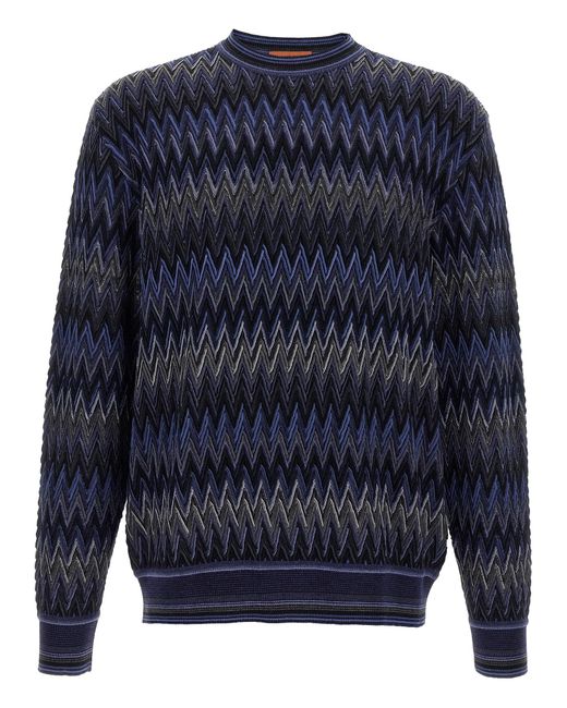 Missoni Blue Zigzag Pattern Wool Sweater With Crew Neck for men