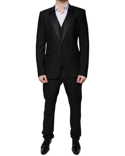 Dolce & Gabbana Black Wool 3 Piece Slim Fit Formal Suit for men