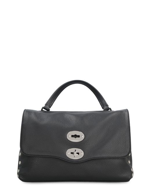 Zanellato Black Grained Leather Handbag With Decorative Studs And Removable Shoulder Strap