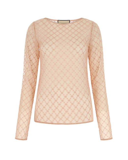 Gucci Natural GG Embroidered Mesh Top