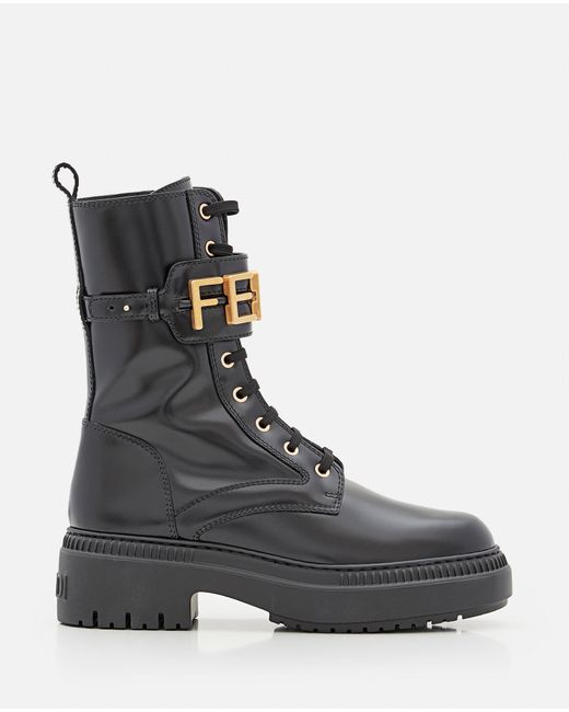 Fendi Black Leather Combat Boots With Golden Logo