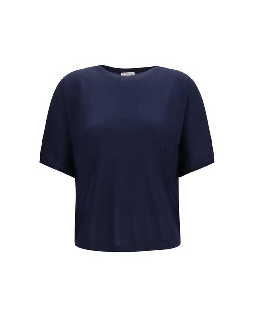 Brunello Cucinelli Blue Short-Sleeve Cashmere And Silk Sweater Kashmir/Capra Hircus