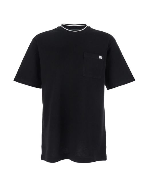 Dolce & Gabbana Black Crewneck T-Shirt With Logo Embroidery On The Front for men