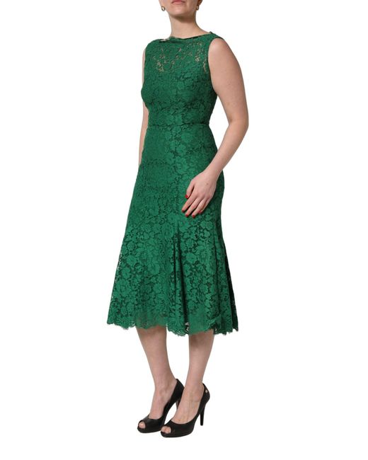 Dolce & Gabbana Green Floral Lace Cotton Sleeveless Midi Dress
