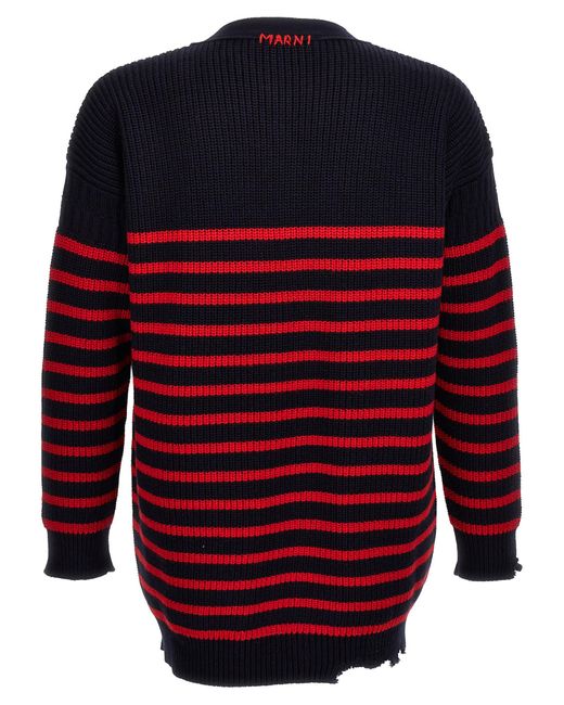 Marni Red Destroyed Effect Striped Cardigan Sweater, Cardigans for men