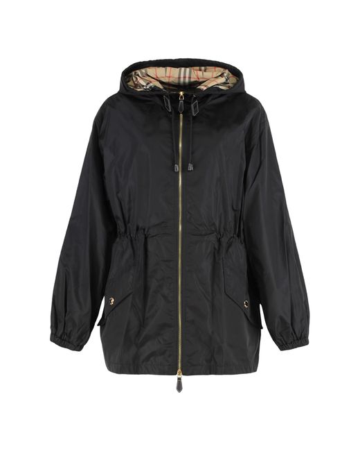 Burberry Black Hooded Windbreaker Jacket Polyester Trench & Raincoats