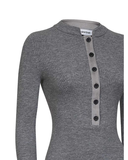 Self-Portrait Gray Knit Button Playsuit Wool-Blend Knitwear