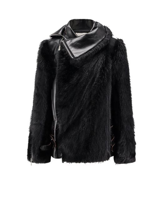 Sacai Black Leather Jacket With Synthetic Fur Inserts