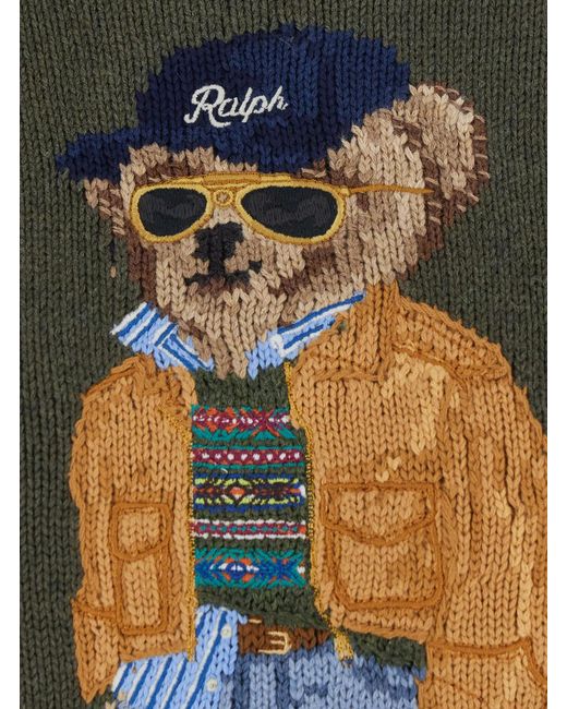 Polo Ralph Lauren Green Crewneck Sweater Bear Embroidery Wool Tops