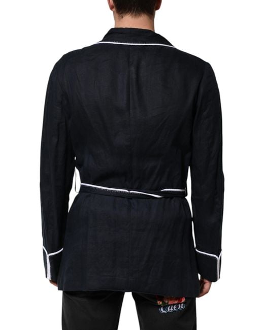 Dolce & Gabbana Blue Dark Dg Embroidery Jacket Robe Blazer Linen Clothing for men