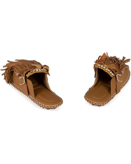 13 09 SR Brown Puli Leather Mules Crystal Slippers