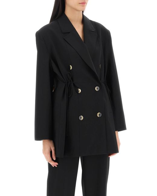 Ganni Black Double-breasted Blazer With Self-tie Strings