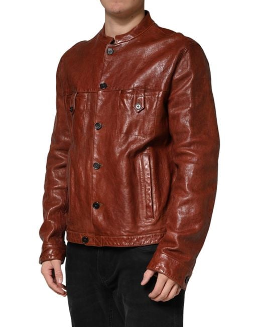 Dolce & Gabbana Brown Leather Button Down Biker Jacket Clothing for men