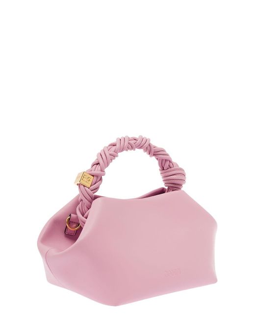 Ganni Bou Pink Handbag With Butterfly Logo And Hand-braided Strands In ...