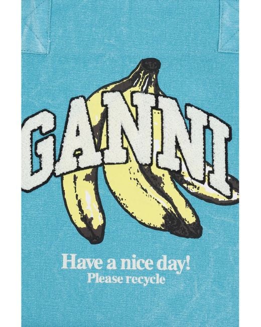Ganni Blue Medium Banana Print Tote Bag Recycled Cotton Shoulder