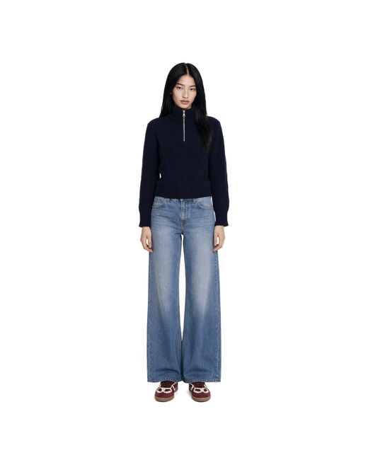 Weekend by Maxmara Blue Half-Zip Ribbed Virgin Wool Sweater Tops