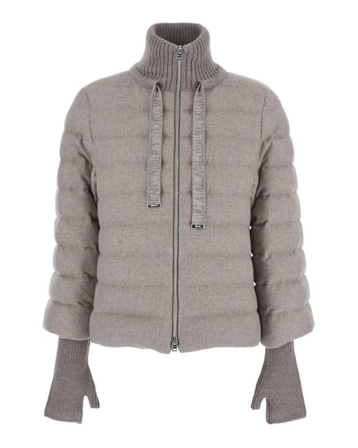 Herno Gray Down Jacket With Drawstring High Neck And Removable Gloves