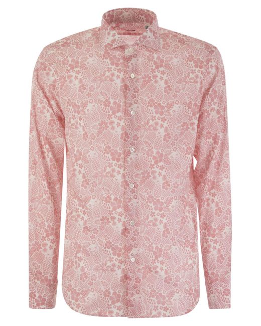 Fedeli Pink Printed Stretch Cotton Voile Shirt for men
