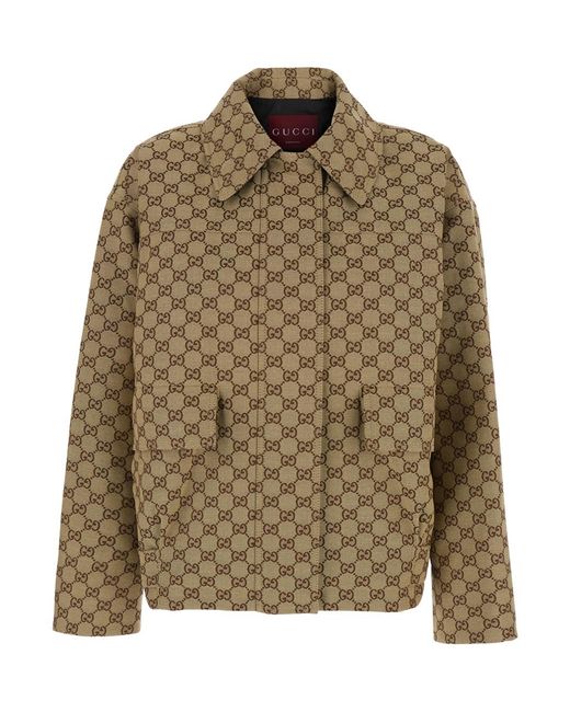 Gucci Brown Jacket With Gg Motif, Cotton Coat