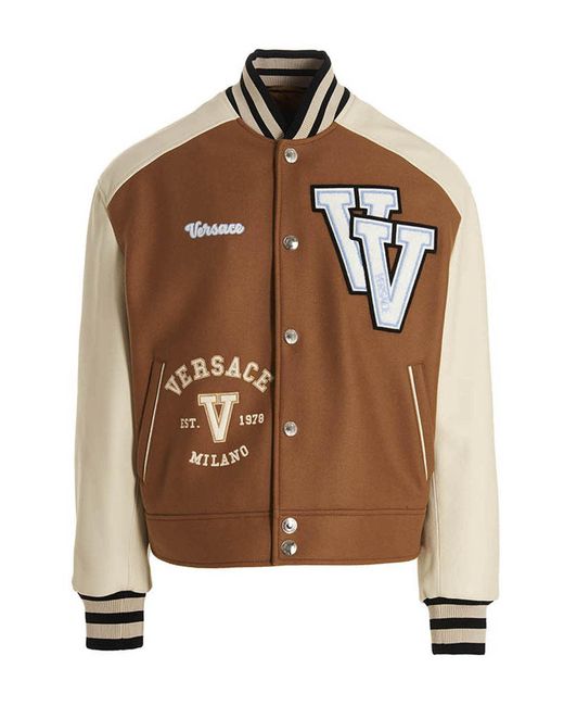 Versace Logo Patch Varsity Jacket in Brown for Men | Lyst