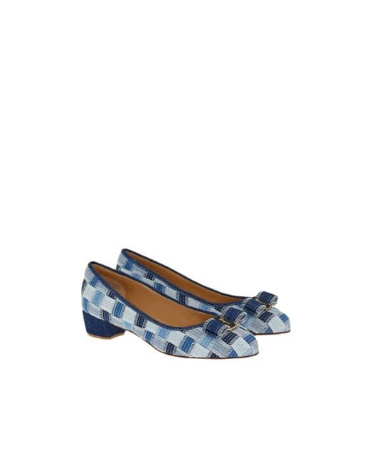 Ferragamo Blue Varina Checked Block-Heel Pumps